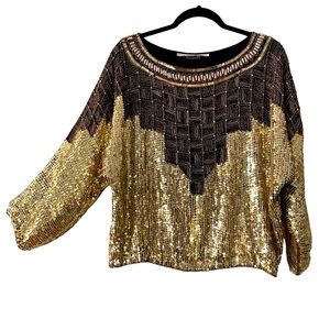 100% Silk Mob Wife Era Gold and Black Sequin Top Crop Waist Length Size Large